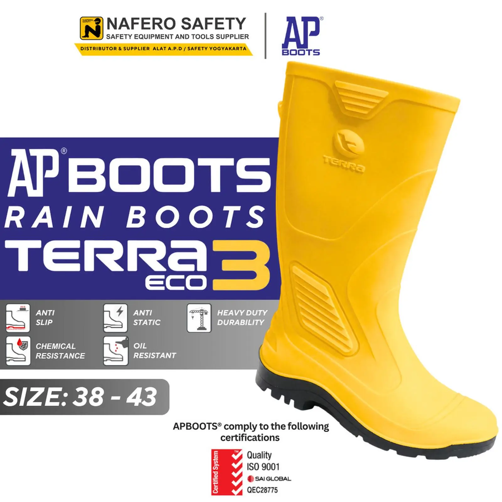 Sepatu Boot Hujan AP BOOTS TERRA ECO 3 Warna KUNING AP BOOTS Rain Boots Proyek Karet Anti Slip, Air, Minyak, Ringan